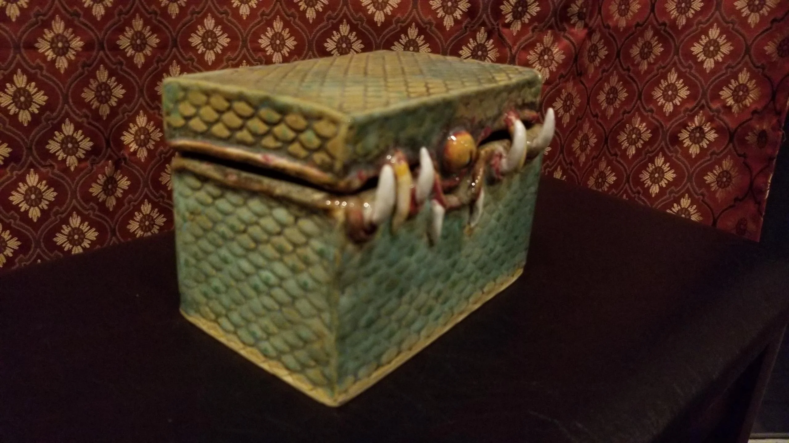 Handcrafted monster box in closed position showing exterior design